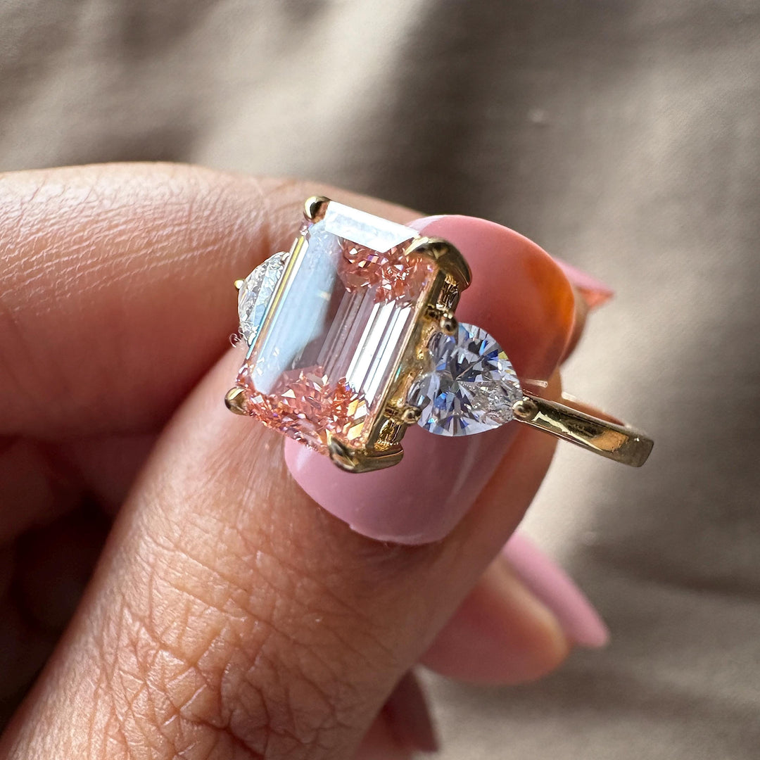 Pink Emerald Cut Bridal RingLarge Pink Emerald Engagement Ring2.50 Carat Pink Three Stone RingLab Grown Pink Emerald JewelryFancy Intense Pink Emerald Diamond2.50CT Pink Diamond Heart RingUnique Emerald Engagement RingPink Emerald Heart Accent Ring