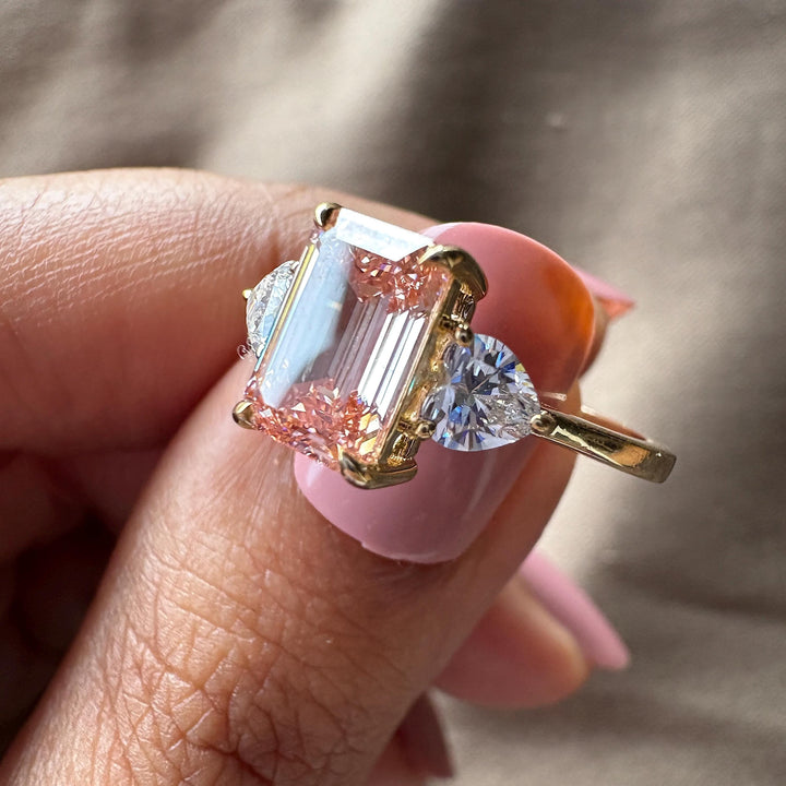 Pink Emerald Cut Bridal RingLarge Pink Emerald Engagement Ring2.50 Carat Pink Three Stone RingLab Grown Pink Emerald JewelryFancy Intense Pink Emerald Diamond2.50CT Pink Diamond Heart RingUnique Emerald Engagement RingPink Emerald Heart Accent Ring