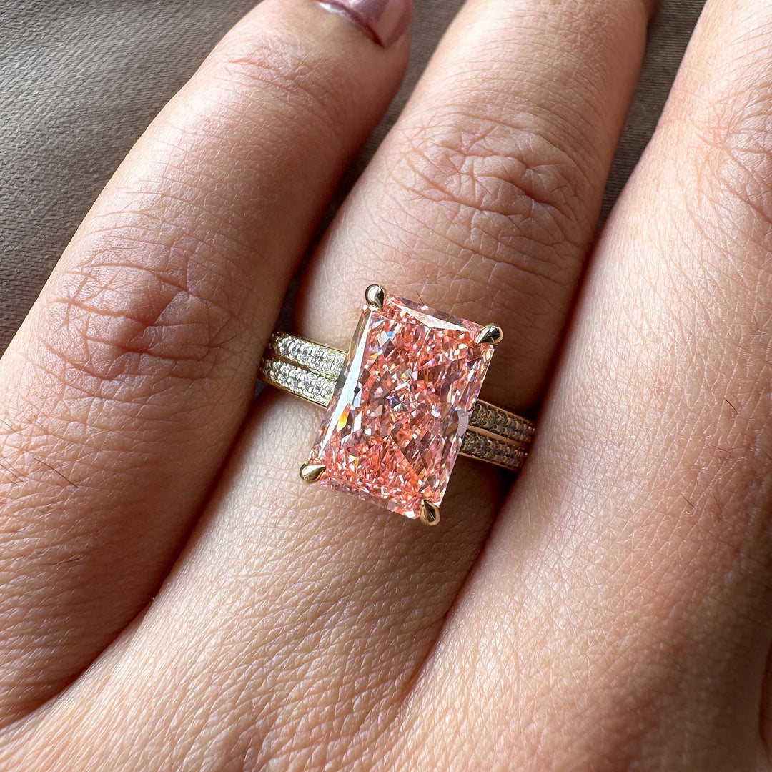 Radiant Shaped Pink Lab DiamondThree Carat Pink Diamond RingFancy Vivid Pink Radiant Diamond3.0CT Fancy Pink Diamond RingPink Radiant Cut Bridal RingLab Grown Pink Radiant Jewelry3.0 Carat Pink Radiant JewelryFancy Intense Pink Radiant Diamond