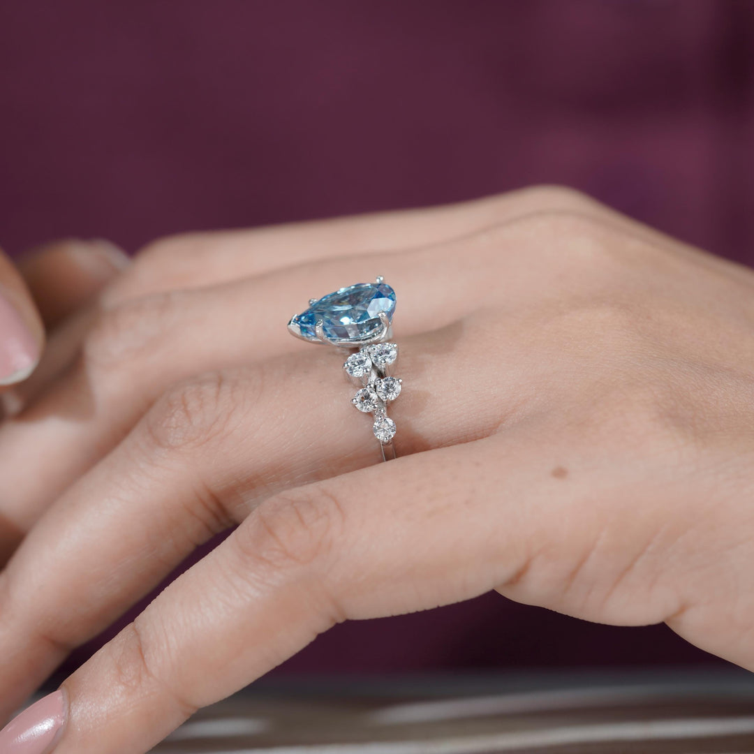 Fancy blue lab diamond, blue pear halo ring, teardrop blue diamond, pear shaped cluster