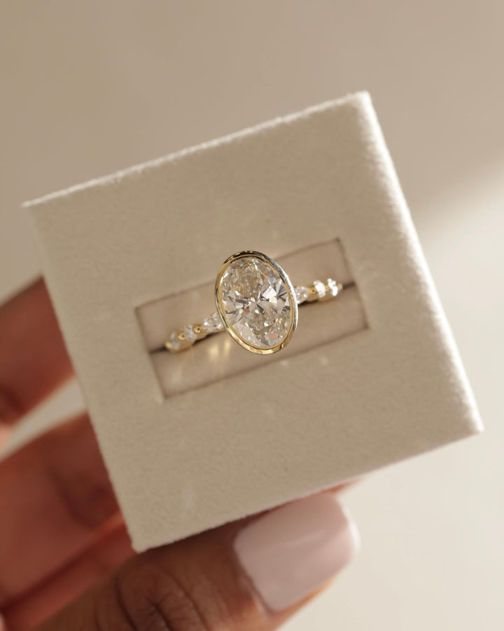 2.50ct-3.50ct Bezel Set Oval Cut Lab Grown Diamond Pave Engagement Ring