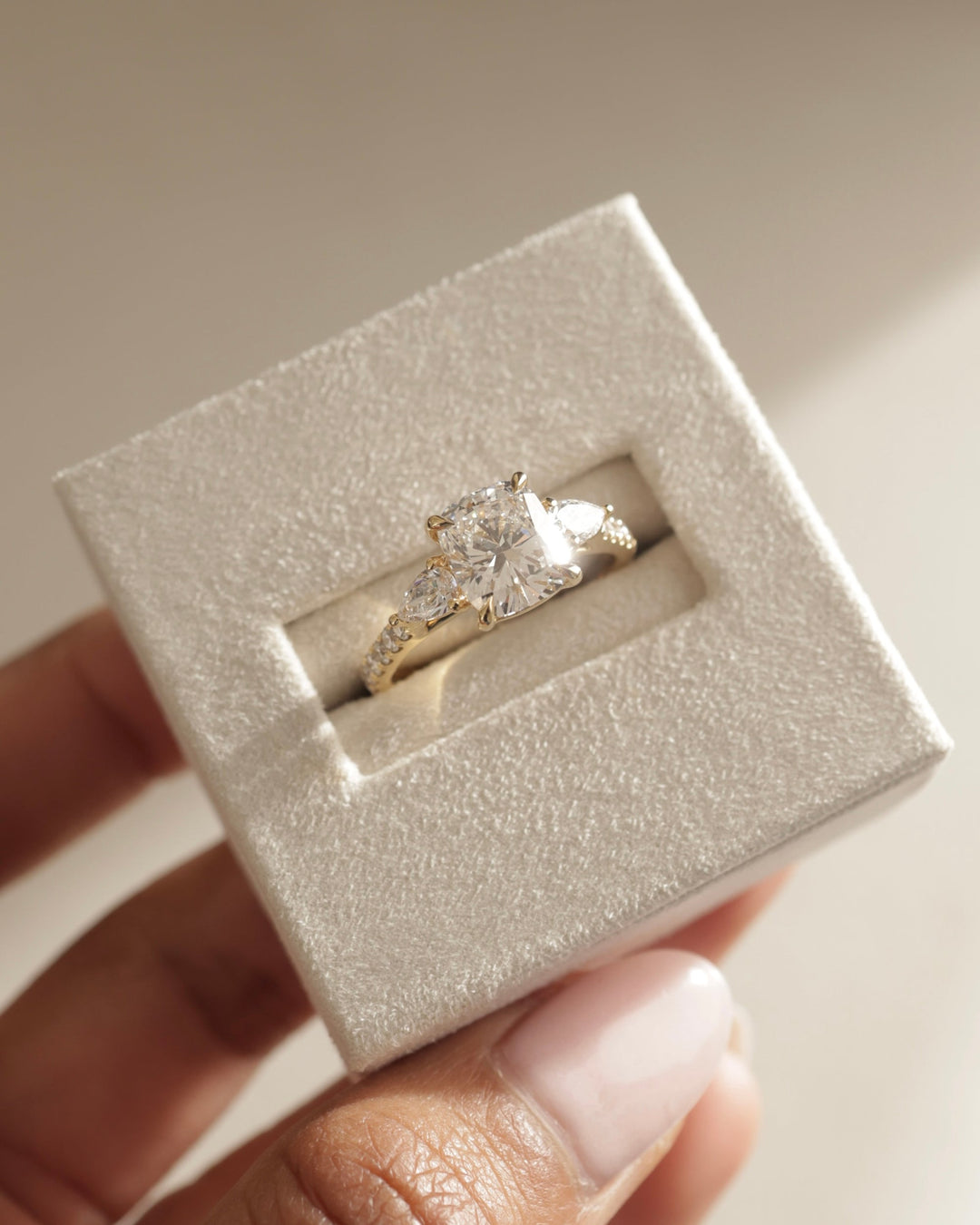 1.50ct-2.50ct Cushion Cut Lab Grown Three Stone Diamond Engagement Ring