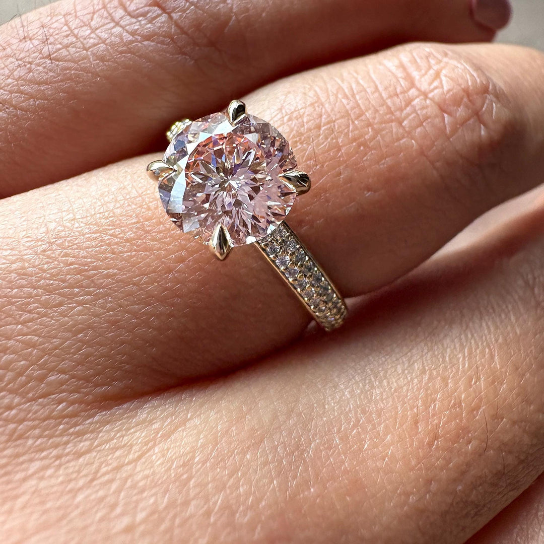 Fancy Intense Pink Portuguese Diamond2.50CT Pink Round Pave RingUnique Portuguese Cut Diamond RingPink Diamond Anniversary Pave Ring2.50 Carat Lab Created Pink Ring