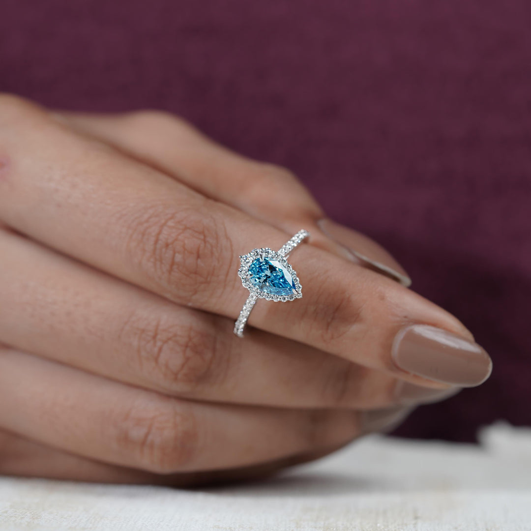 Sustainable Blue Pear Diamond Ring1.50ct Blue Diamond Pear Shape HaloBlue Diamond Teardrop Engagement Ring