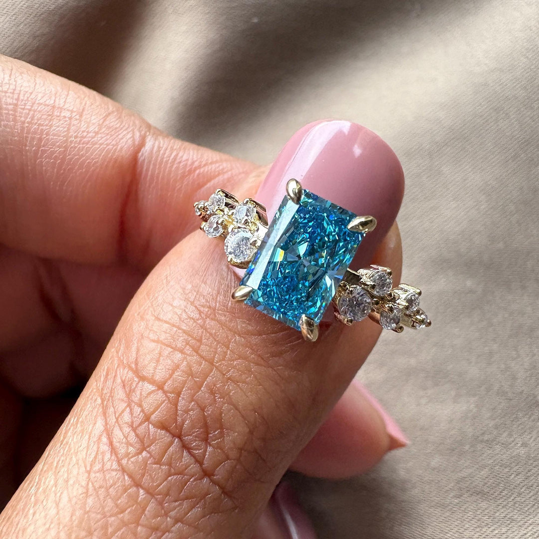 Radiant Cut Blue Lab DiamondZig Zag Pave Engagement RingFancy Blue Lab Diamond Ring