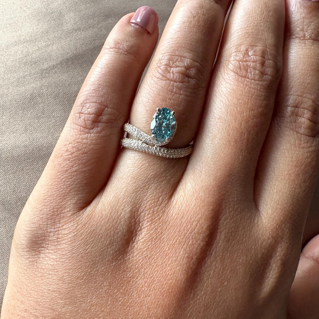 Buy blue lab diamond, IGI certified blue diamond, affordable blue diamond ring, custom oval engagement ring, luxury lab grown bridal, bespoke blue diamond ring, ethical jewelry for her, GIA certified lab blue diamond, sustainable luxury ring.