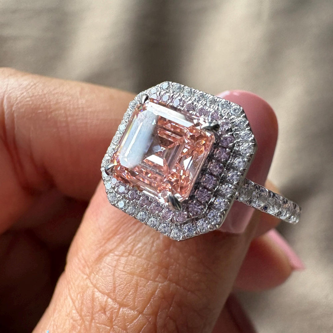 Asscher Shaped Pink Lab DiamondTwo-Tier Halo Pink Diamond Ring2.50CT Pink Asscher Engagement RingFancy Vivid Pink Asscher Diamond2.50 Carat Pink Diamond StatementPink Asscher Cut Bridal Ring2.50CT Fancy Pink Diamond RingStep Cut Pink Diamond Halo Ring