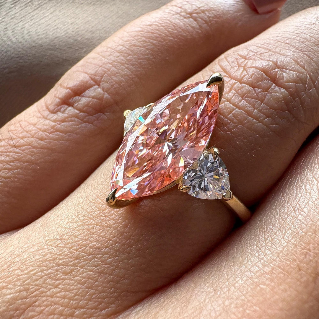 Fancy Pink Marquise Cut Ring4.0CT Pink Lab Diamond JewelryMarquise Diamond Heart Side RingRomantic Pink Diamond Ring4.0 Carat Pink Marquise JewelryPink Marquise Heart Shape Ring