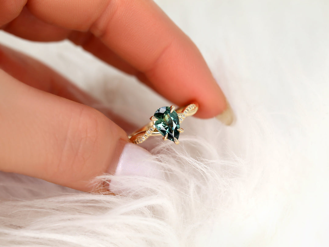 Teal Sapphire Jewelry
Unique Engagement Ring
Pear Cut Diamond
Lab Created Sapphire
