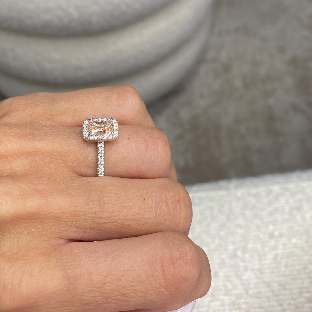 1 Carat Light Pink Diamond Halo RingFancy Pink Lab Created Diamond RingRadiant Cut Pink Diamond Pave Band1.0ct Pink Diamond Halo Engagement RingRose Gold Pink Radiant Diamond Ring