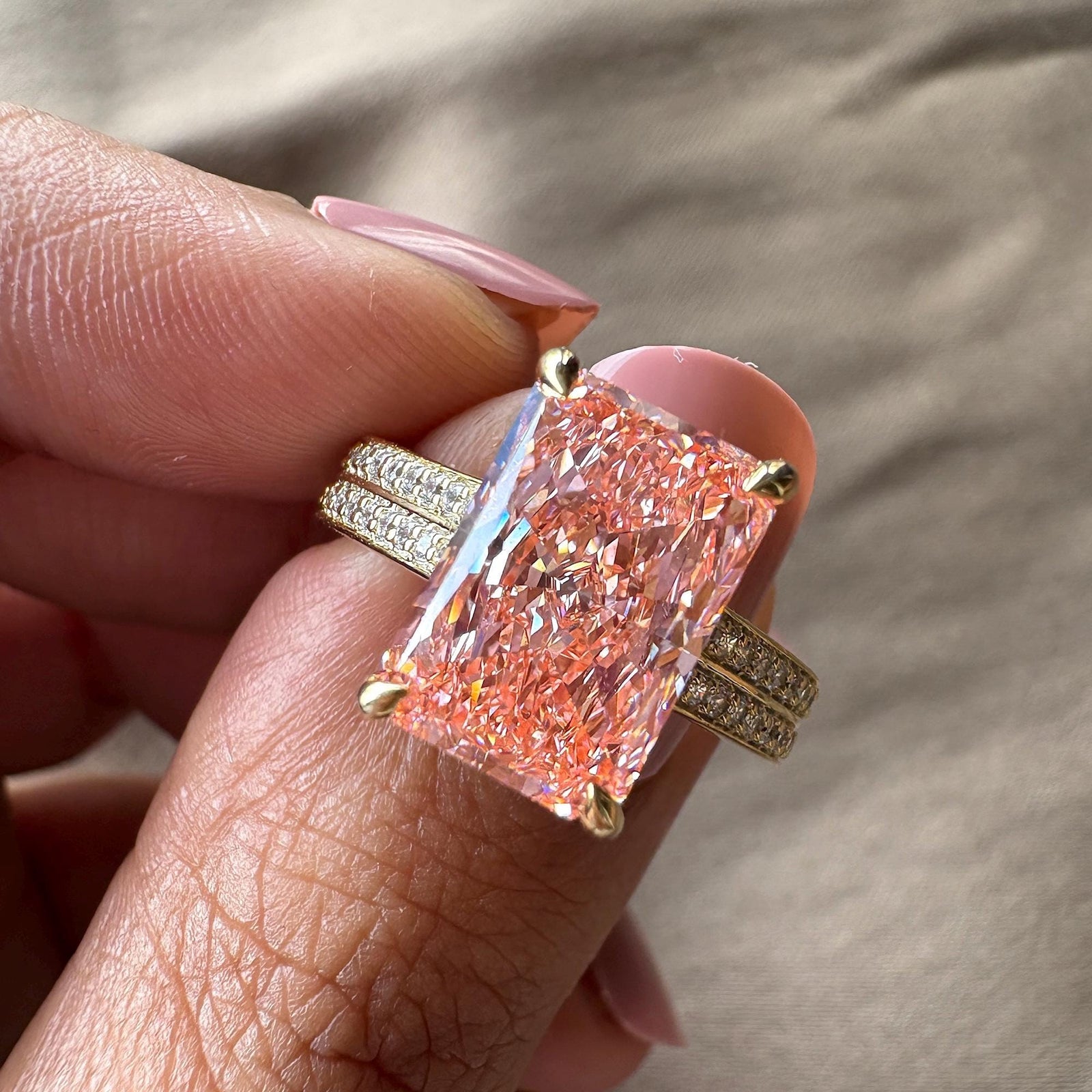 3.0 Carat Pink Radiant JewelryFancy Intense Pink Radiant Diamond3.0CT Double Pave Diamond RingLight Pink Radiant Lab DiamondPink Radiant Cut Anniversary Ring3.0 Carat Lab Created Pink DiamondLuxury Pink Radiant Diamond Ring