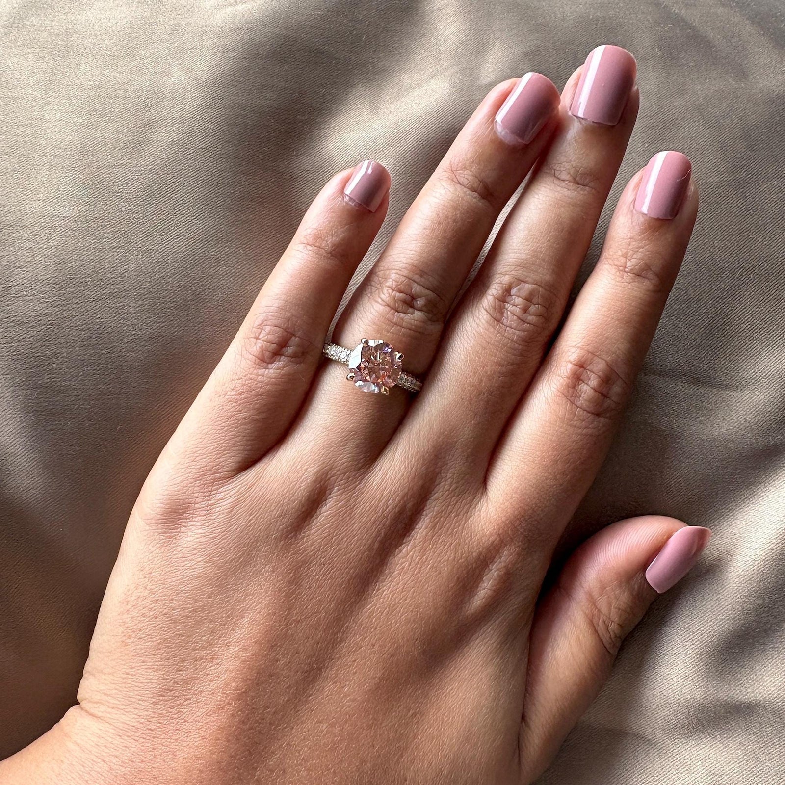Fancy Pink Round Cut Ring3.0CT Pink Lab Diamond JewelryPink Diamond Micro Pave SolitaireLab Created Pink Round Ring3.0 Carat Round Lab Diamond