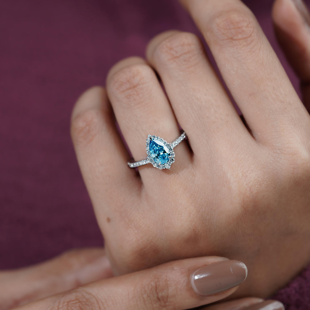 1.5ct Fancy Vivid Blue Diamond RingBlue Diamond Pear Engagement Ring GoldIGI Certified Blue Lab Diamond Halo