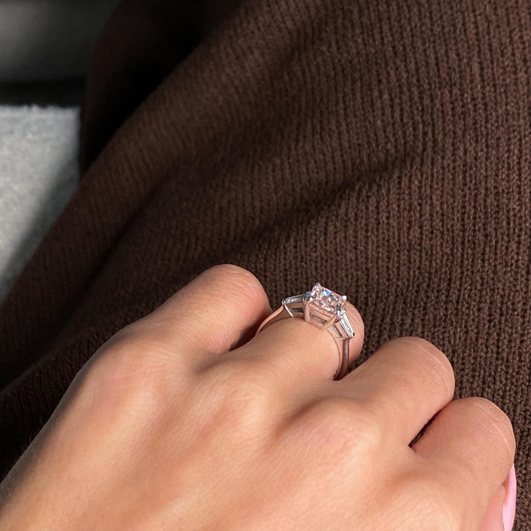 Dreamy Pink Cushion Trilogy RingCushion Cut Pink Diamond Rose GoldBold Pink Diamond Engagement Ring2ct Pink Cushion with Cadillac Side Stones