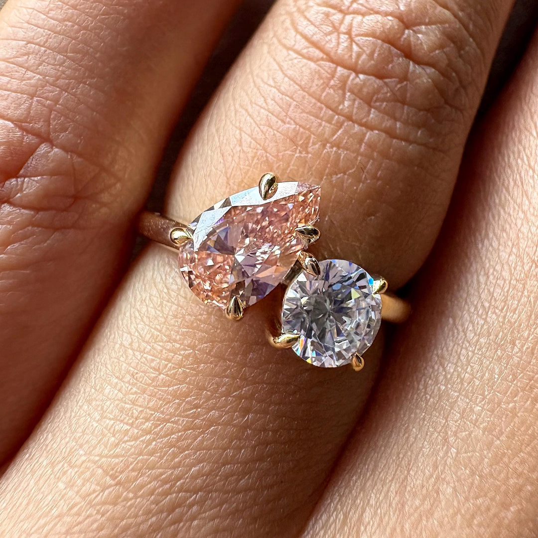 Toi et Moi Ring Pink Pear RoundSustainable Pink Two Stone RingPink Pear Diamond Bypass Ring