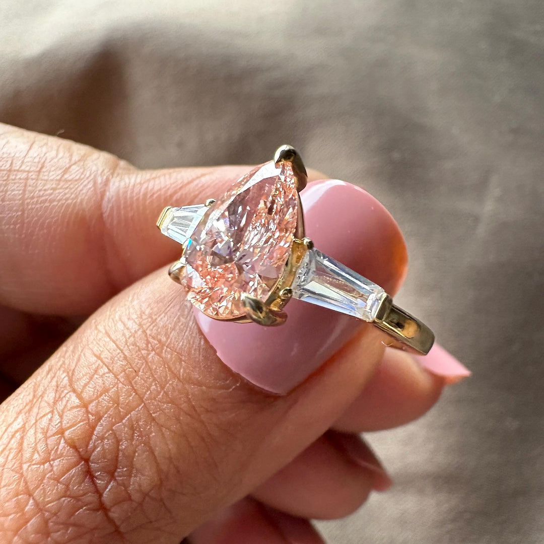 Pear Cut Three Stone Engagement RingLab Grown Pink Pear Jewelry2.0 Carat Pink Pear Cluster RingFancy Intense Pink Pear Diamond