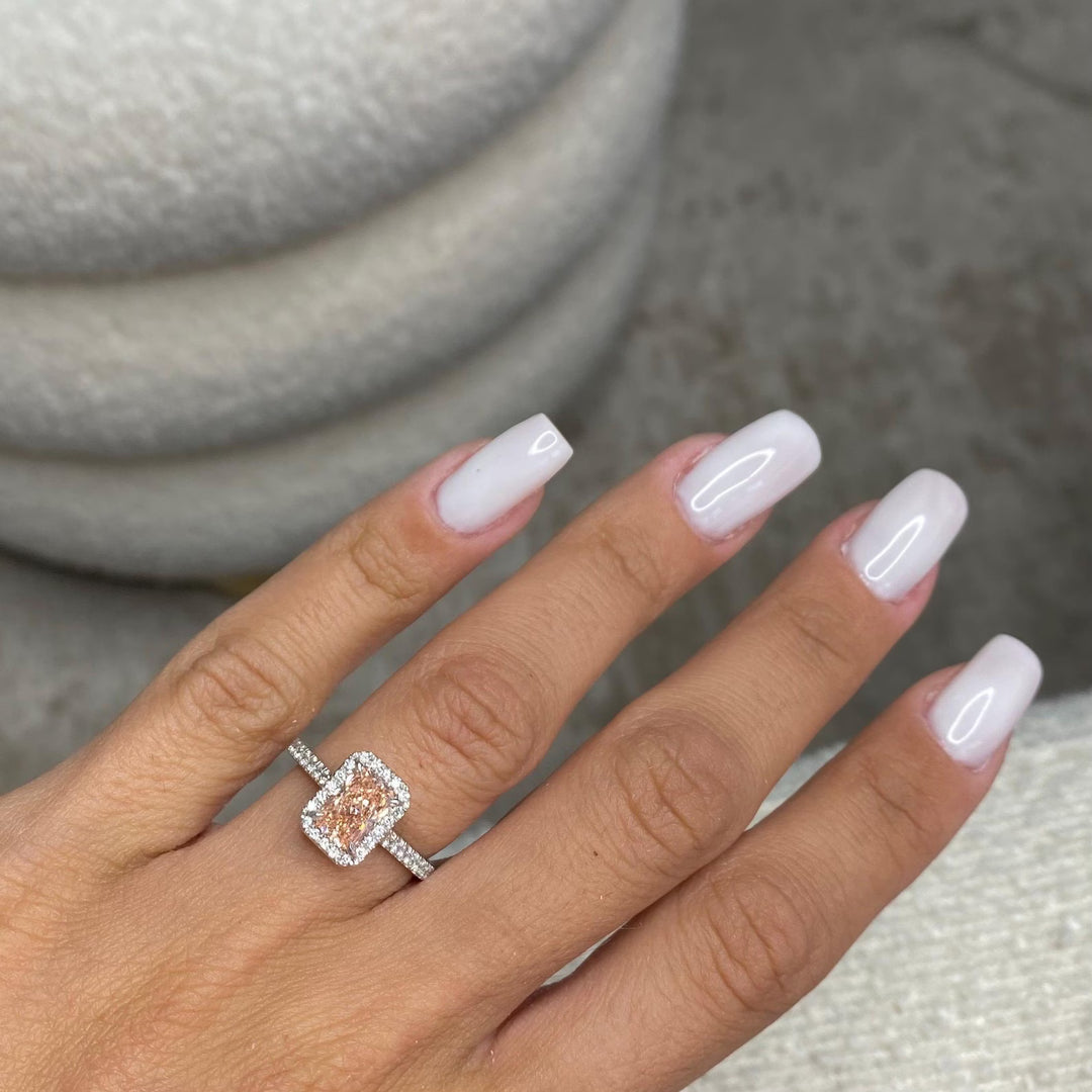 Dainty Pink Diamond Pave Engagement RingPink Radiant Cut Engagement Ring InspirationRose Gold Pink Diamond Halo Style