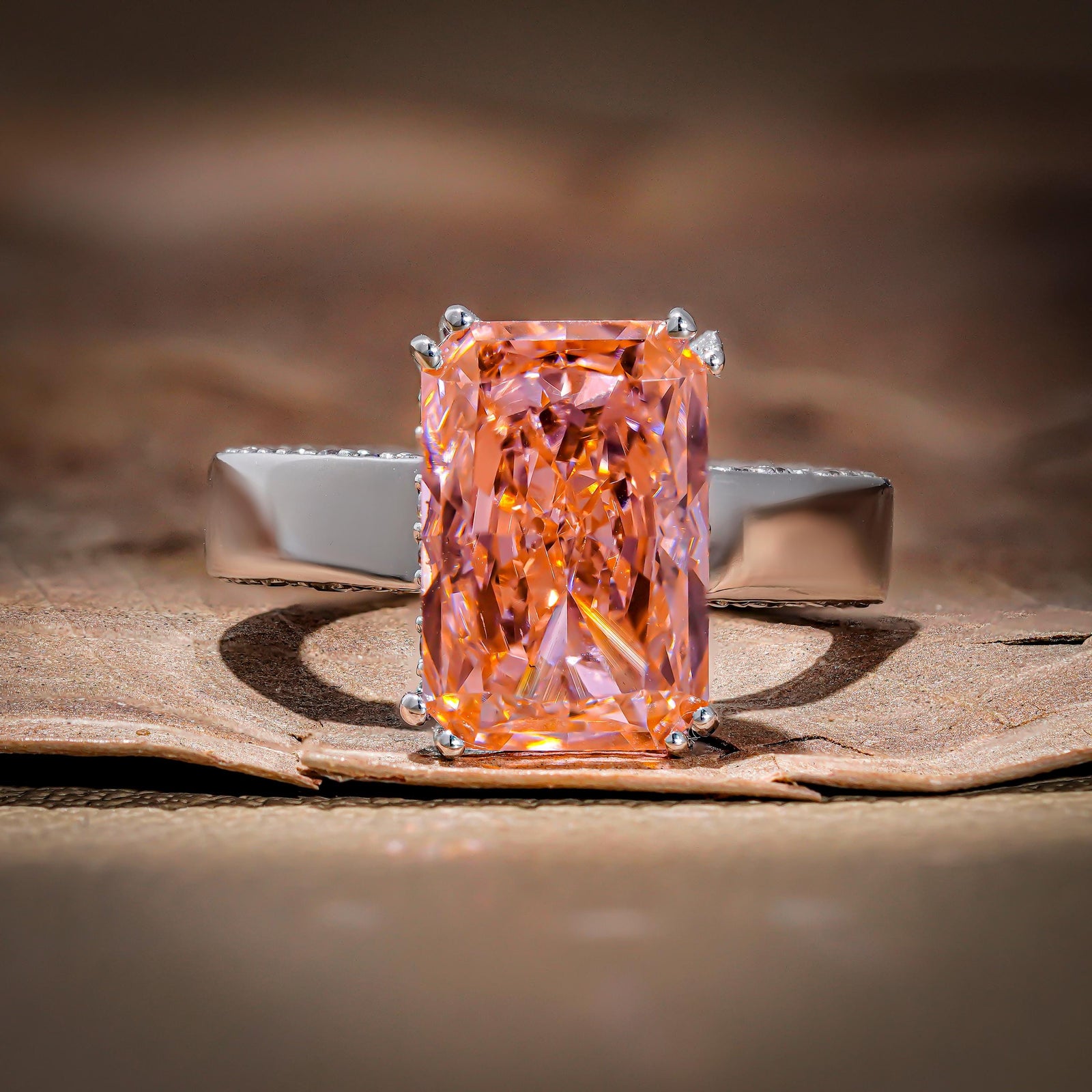 radiant cut diamond, lab grown diamond ring, pink lab diamond, hidden halo engagement ring