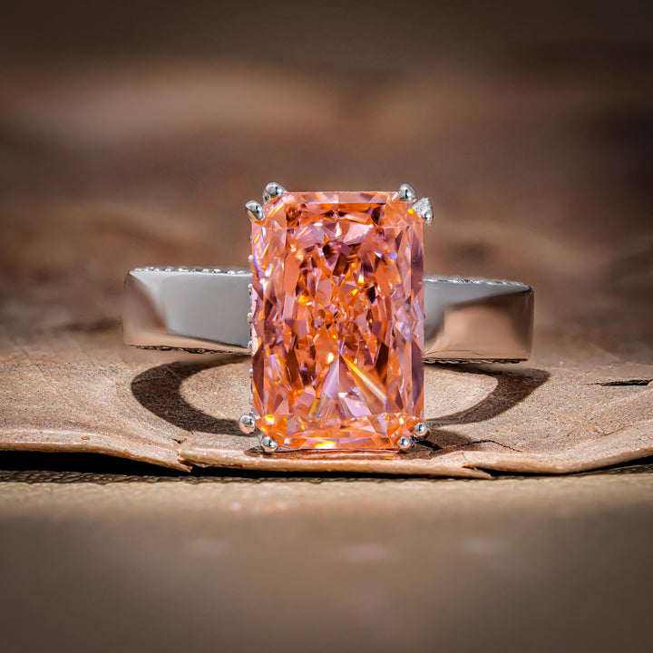 radiant cut diamond, lab grown diamond ring, pink lab diamond, hidden halo engagement ring