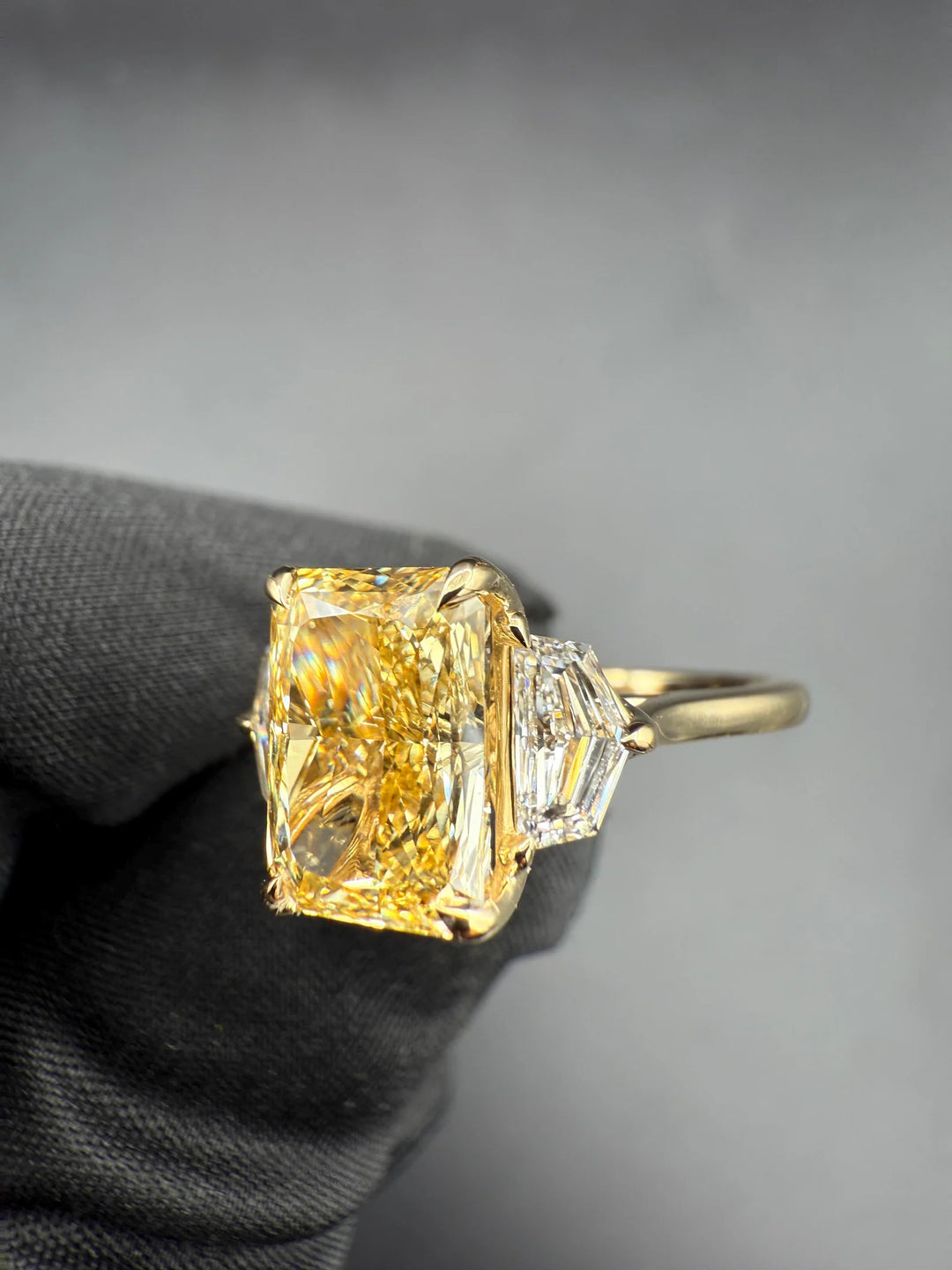 Yellow Diamond Engagement Ring AestheticHidden Halo Radiant Three Stone RingRadiant Cut with Tapered Baguettes