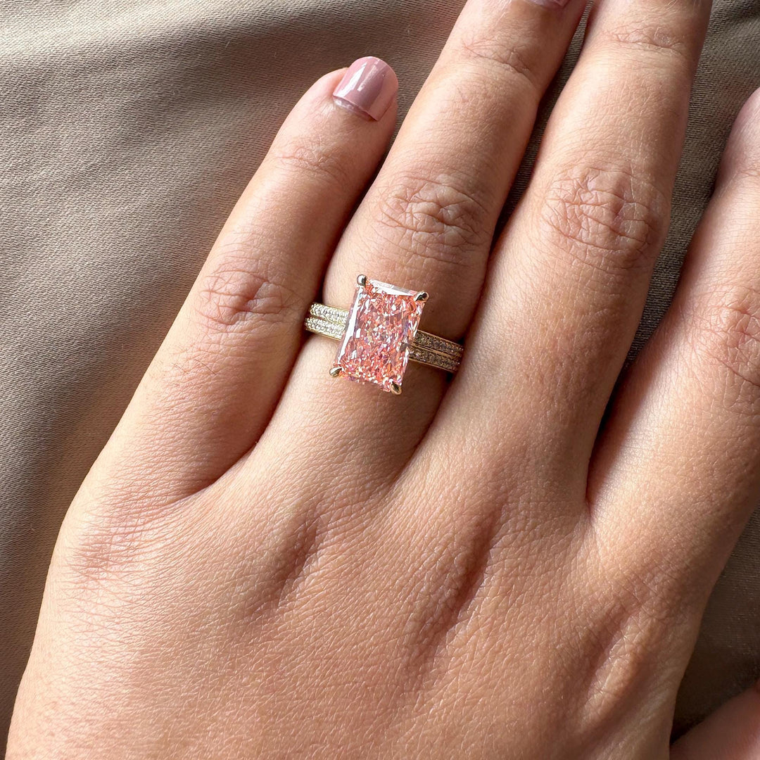 Fancy Vivid Pink Radiant Diamond3.0CT Fancy Pink Diamond RingPink Radiant Cut Bridal RingLab Grown Pink Radiant Jewelry3.0 Carat Pink Radiant JewelryFancy Intense Pink Radiant Diamond3.0CT Double Pave Diamond RingLight Pink Radiant Lab Diamond