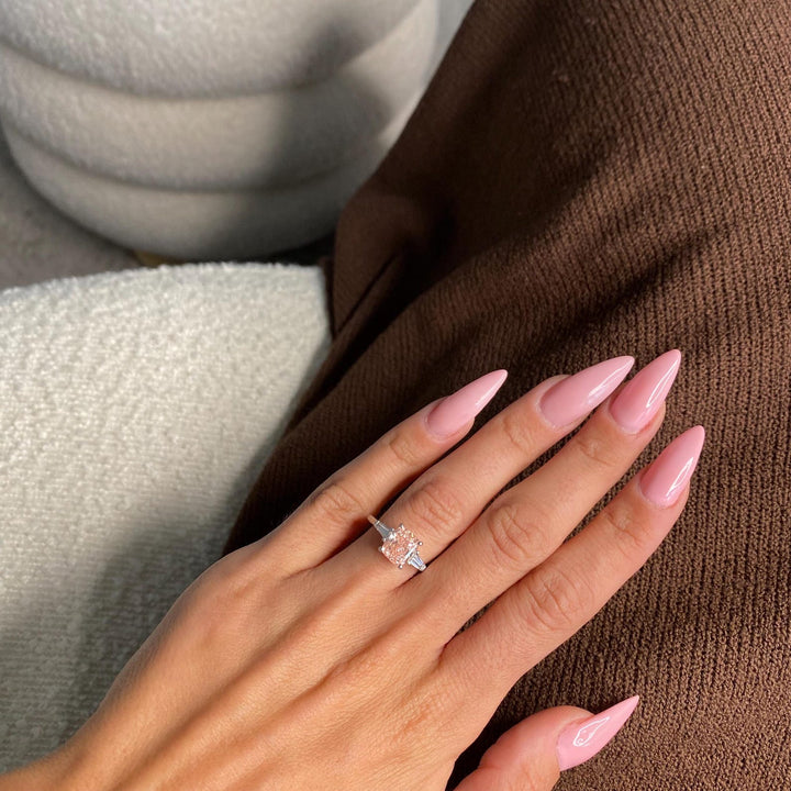 Pink Cushion Diamond Ring on HandDreamy Pink Cushion Trilogy RingCushion Cut Pink Diamond Rose Gold
