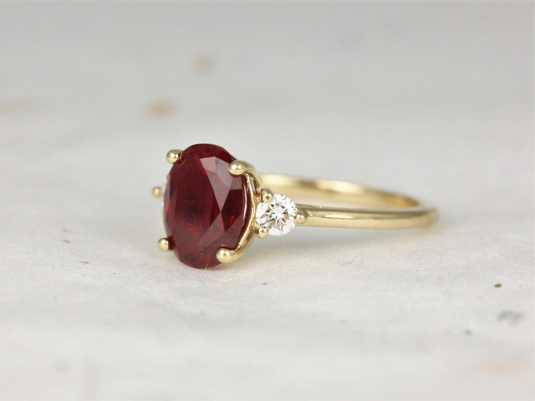 3.0CT Ruby Oval Lab Grown Three Stone Diamond Engagement Ring