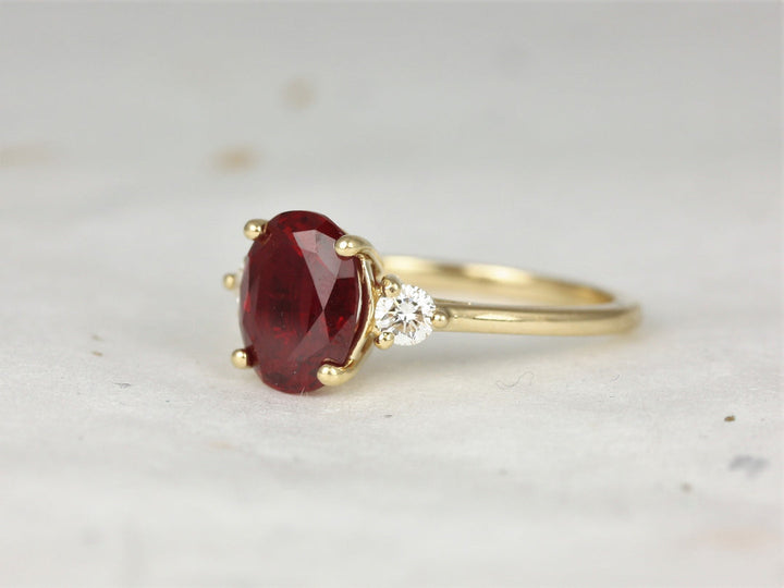 3.0CT Ruby Oval Lab Grown Three Stone Diamond Engagement Ring