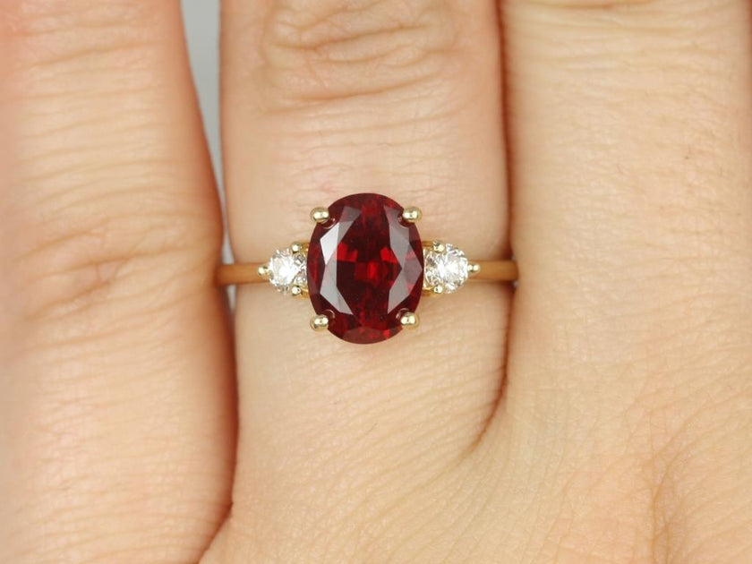 3.0CT Ruby Oval Lab Grown Three Stone Diamond Engagement Ring