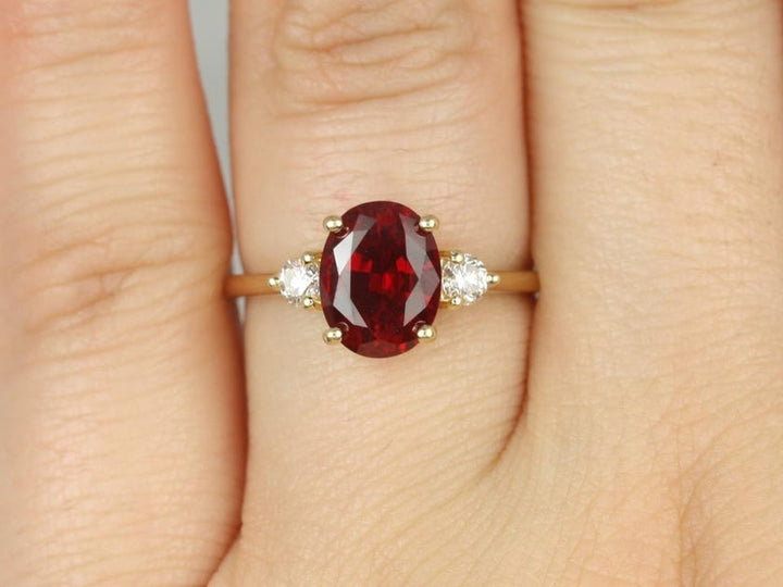 3.0CT Ruby Oval Lab Grown Three Stone Diamond Engagement Ring