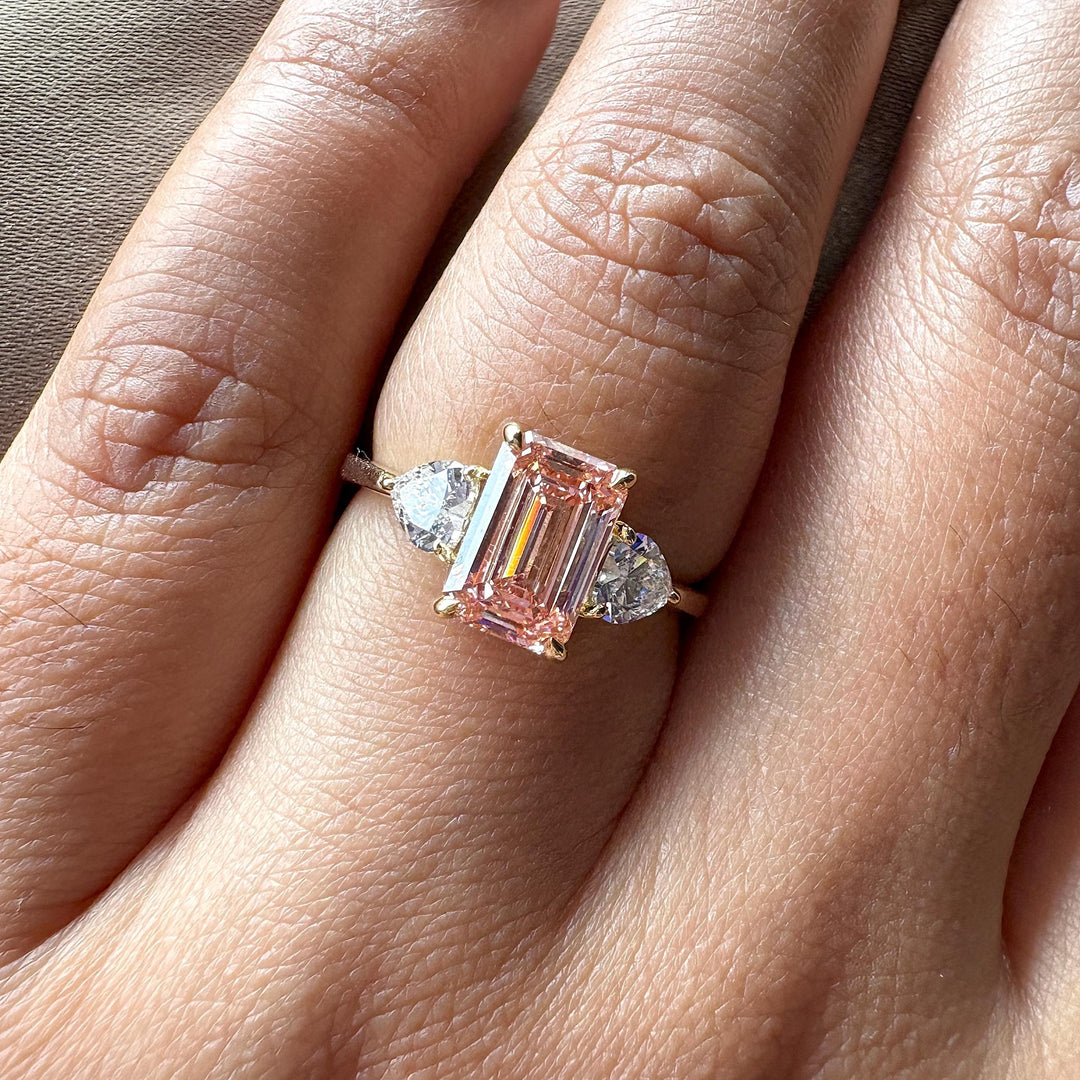 2.50CT Pink Emerald Statement RingFancy Vivid Pink Emerald DiamondPink Emerald Cut Bridal RingLarge Pink Emerald Engagement Ring2.50 Carat Pink Three Stone RingLab Grown Pink Emerald JewelryFancy Intense Pink Emerald Diamond