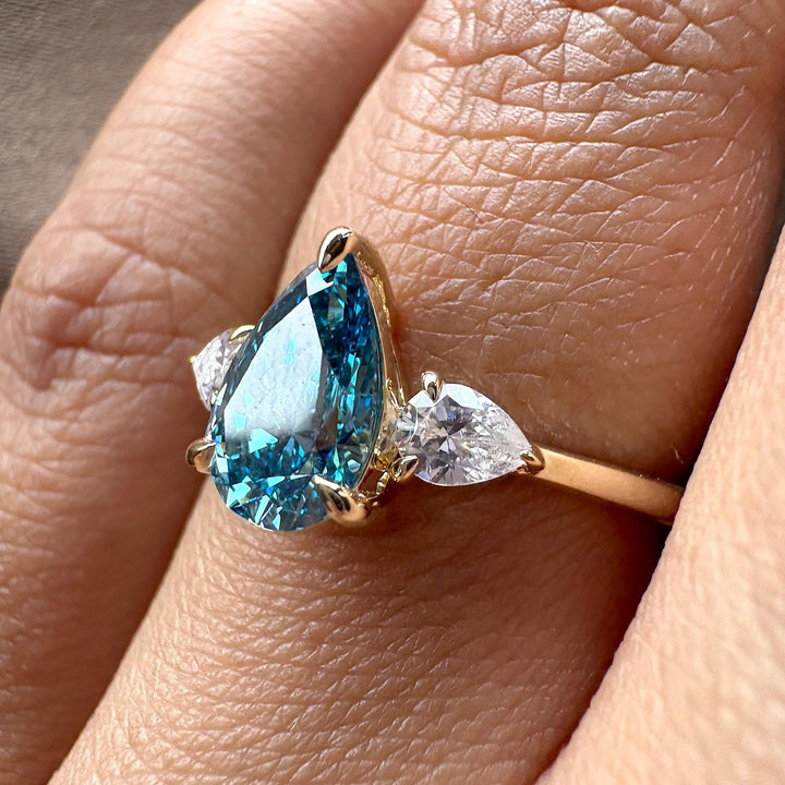 Fancy Blue Pear Lab Grown DiamondLab Created Blue Diamond Three StonePear Shaped Blue Diamond with Side Stones