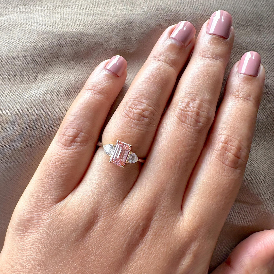 Emerald Cut with Heart Side Stones2.50CT Pink Engagement RingPink Lab Grown Diamond RingHeart Side Stone Engagement Ring2.50 Carat Emerald Lab DiamondPink Emerald Three Stone RingLab Created Pink Emerald Diamond