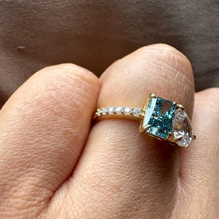 18k gold Toi et Moi, platinum two stone ring, blue radiant and white pear, fancy vivid blue diamond