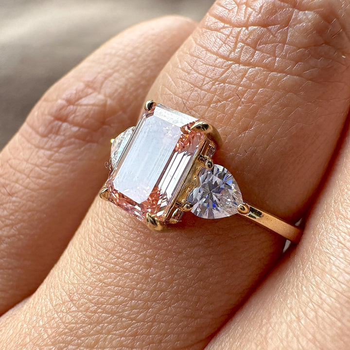 2.50 Carat Pink Three Stone RingLab Grown Pink Emerald JewelryFancy Intense Pink Emerald Diamond2.50CT Pink Diamond Heart RingUnique Emerald Engagement RingPink Emerald Heart Accent Ring2.50 Carat Lab Created Pink Ring