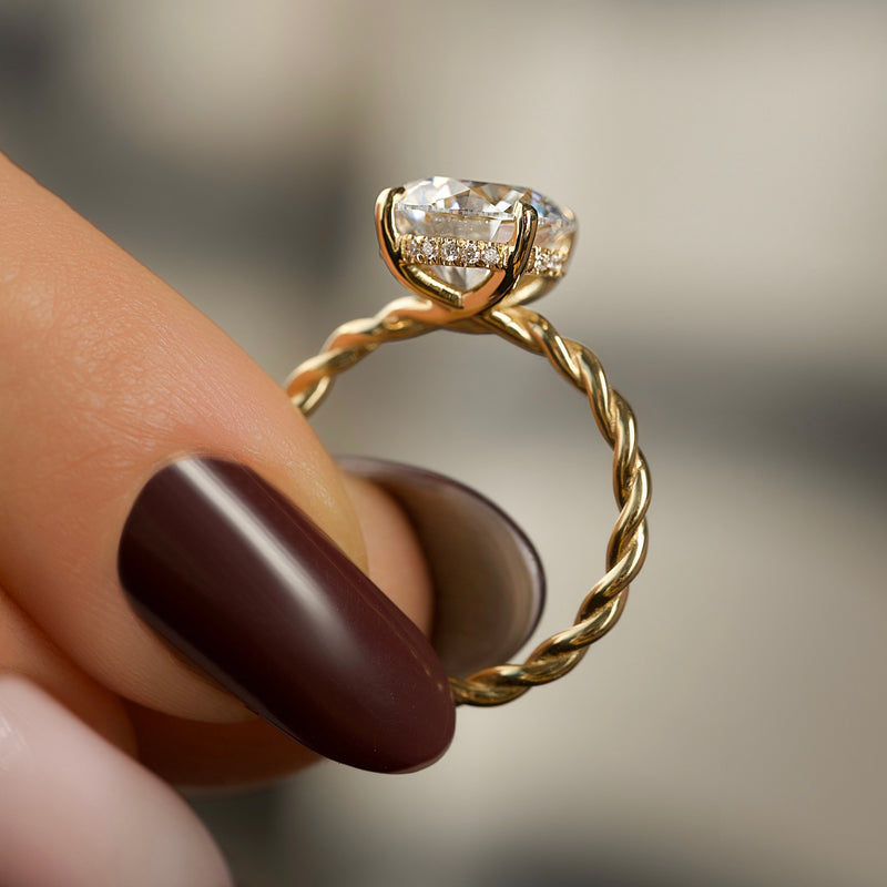 Affordable braided style engagement rings online, Twisted diamond ring in 14K white gold, Oval cut twist engagement rings for sale, Custom braided engagement rings with hidden halo,