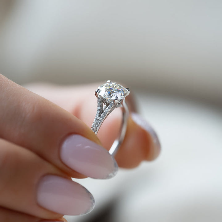 Split shank moissanite rings for alternative engagement, Unique split shank wedding ring designs,