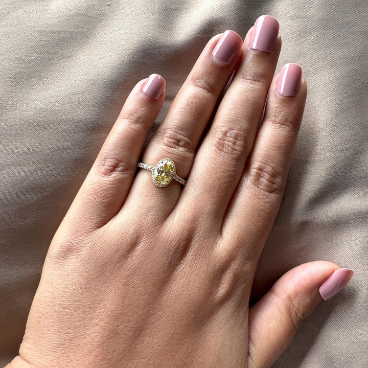 Oval Yellow Diamond Halo Ring2.0CT Yellow Lab Diamond JewelryCanary Yellow Oval Diamond RingYellow Oval Diamond Statement Ring