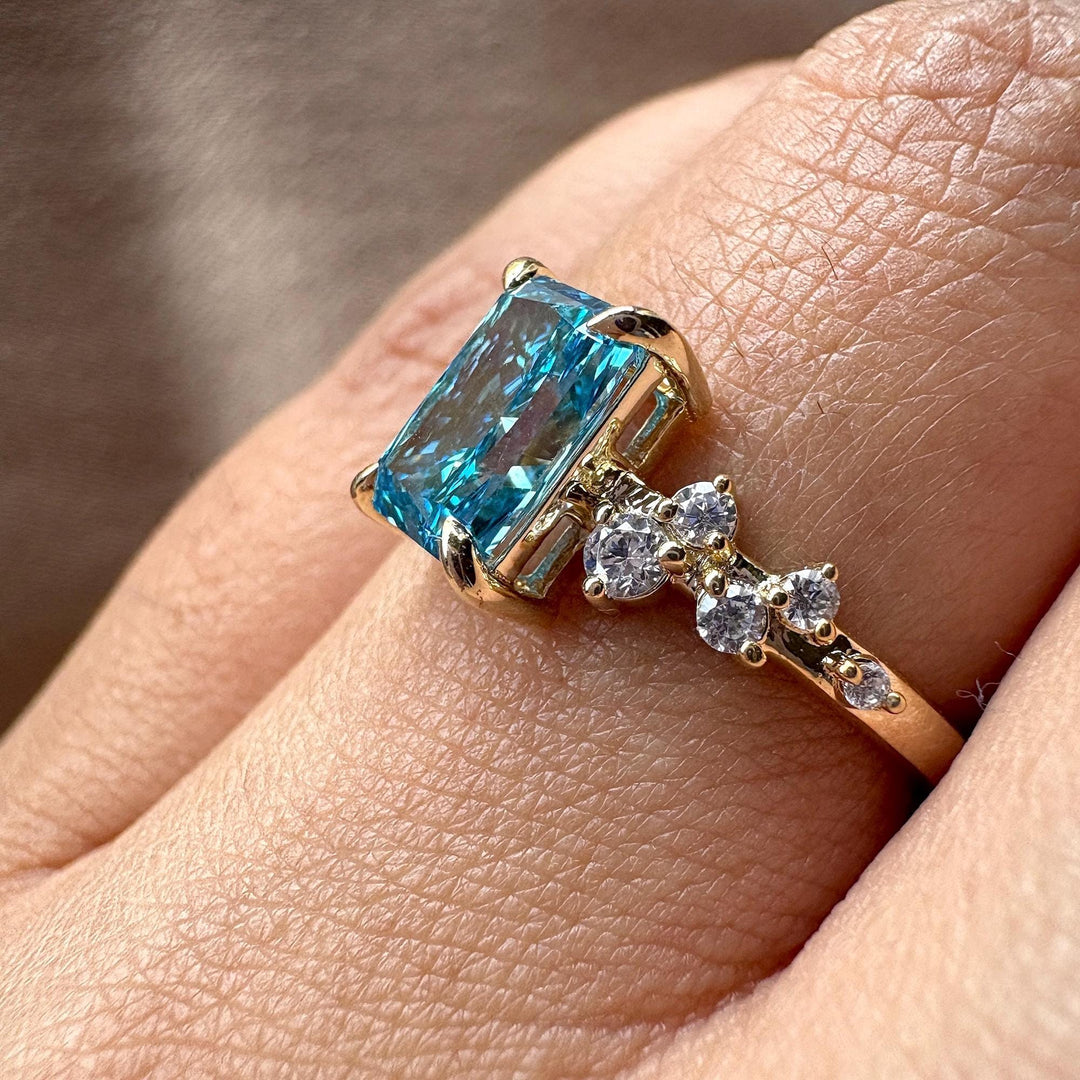 2 Carat Blue Diamond RingRadiant Cut Lab DiamondBlue Radiant Diamond Engagement RingZig Zag Pave Band
