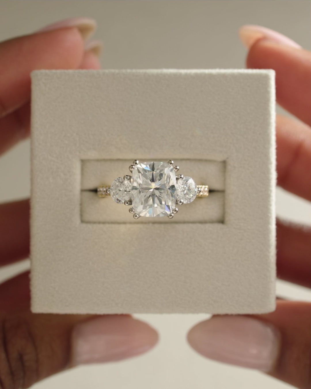 2.0ct-3.0ct Cushion Cut Lab Grown Diamond Three Stone Engagement Ring