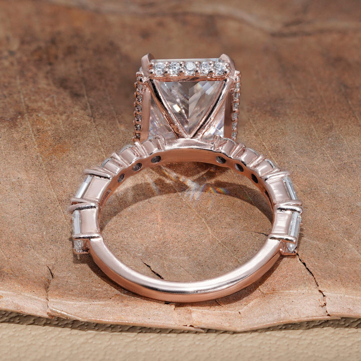 micro pave diamond band, 3 carat radiant lab diamond, crushed ice radiant, seamless halo ring, sparkle pave setting, sustainable bridal jewelry, radiant cut with hidden halo, thin pave band ring.