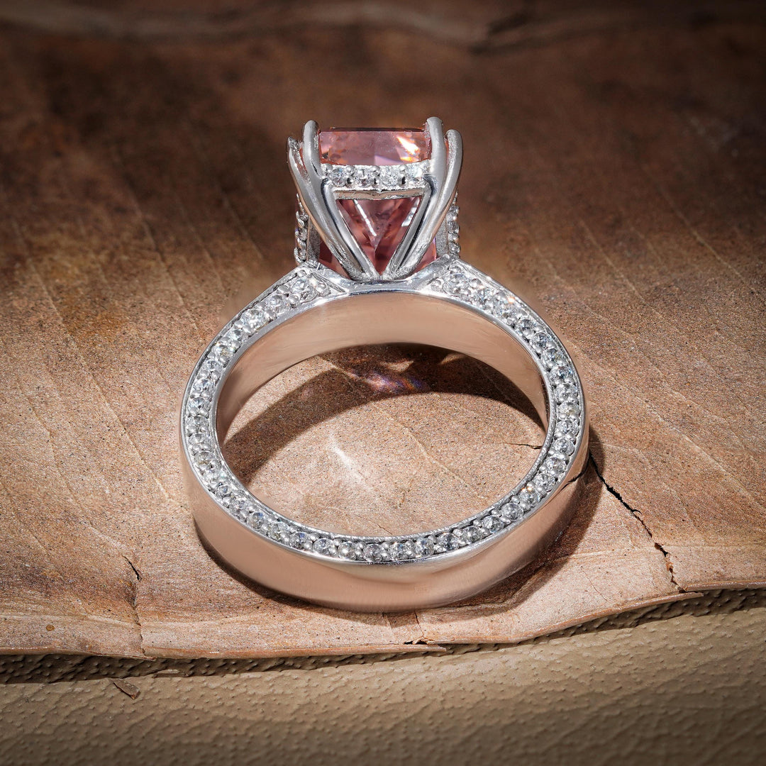secret halo ring, sustainable pink diamond, pink engagement ring, unique radiant solitaire, pastel pink diamond.