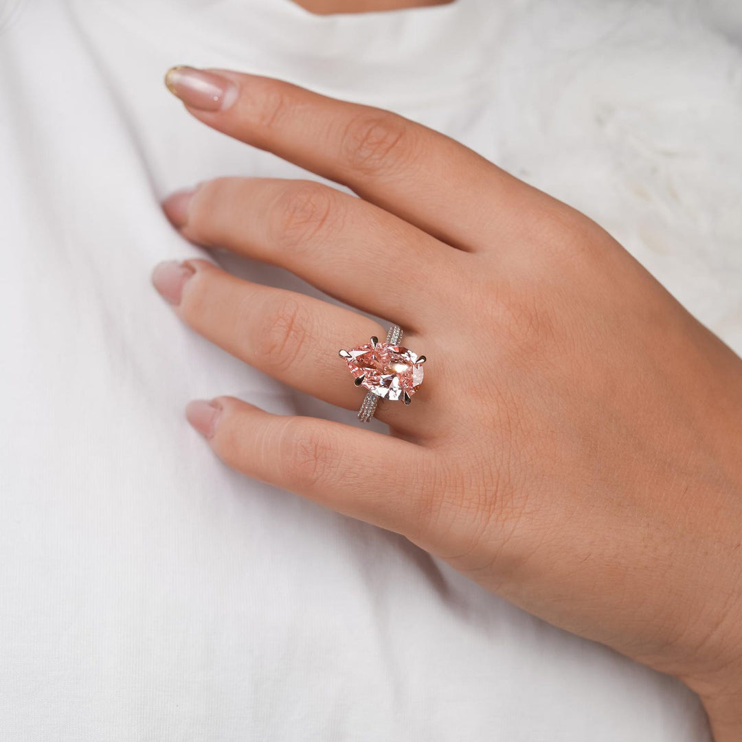 7.0CT Pink Pear Cut Lab Grown Diamond Pave Engagement Ring