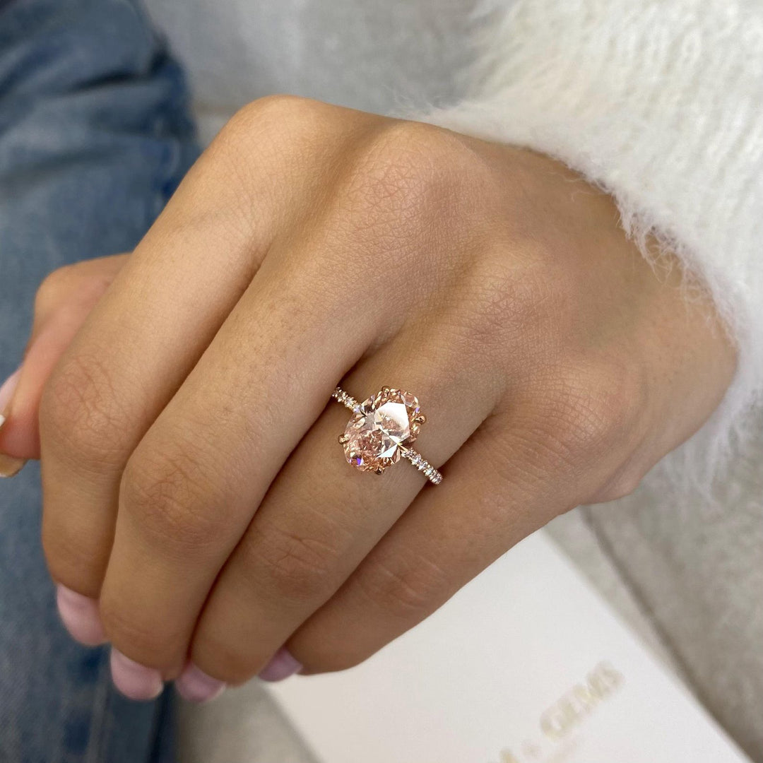 3.0CT Peach Oval Cut Lab Grown Hidden Halo Diamond Engagement Ring