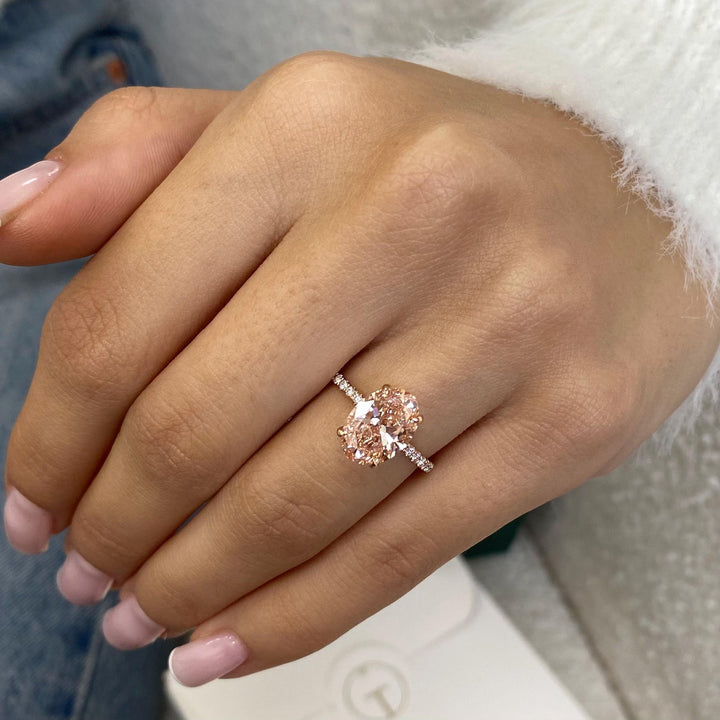 3.0CT Peach Oval Cut Lab Grown Hidden Halo Diamond Engagement Ring