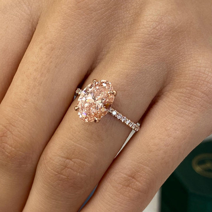 3.0CT Peach Oval Cut Lab Grown Hidden Halo Diamond Engagement Ring