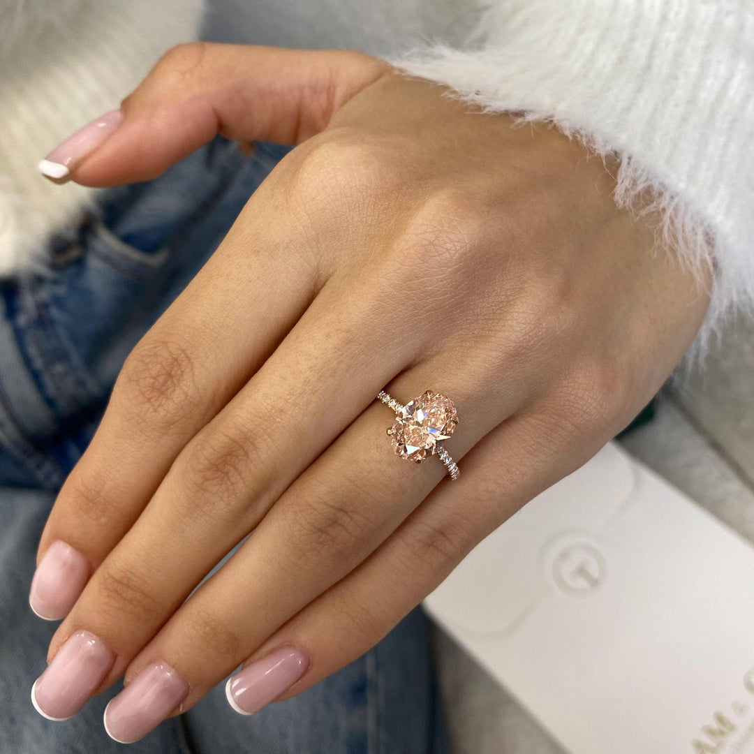 3.0CT Peach Oval Cut Lab Grown Hidden Halo Diamond Engagement Ring