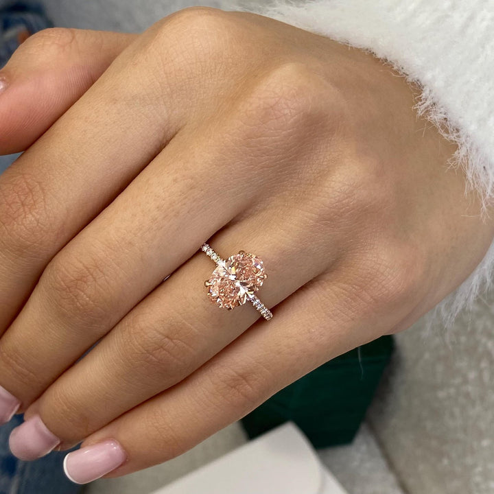 3.0CT Peach Oval Cut Lab Grown Hidden Halo Diamond Engagement Ring