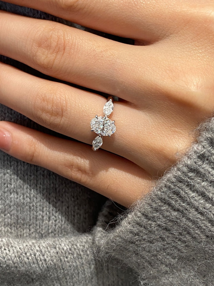 1.0ct-2.0ct Oval Cut Lab Grown Diamond Three Stone Engagement Ring