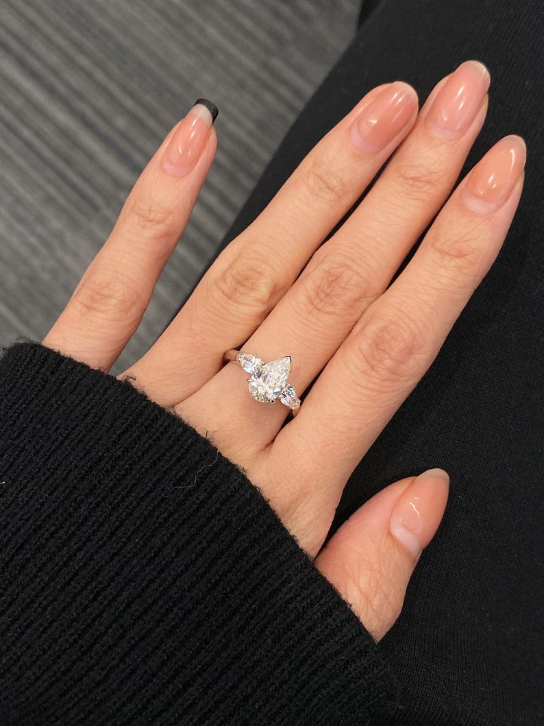1.50ct-2.50ct Pear Cut Lab Grown Three Stone Diamond Engagement Ring